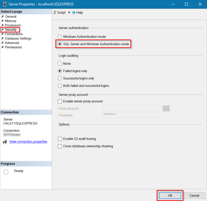 SQL Server properties screen with authentication mode selected