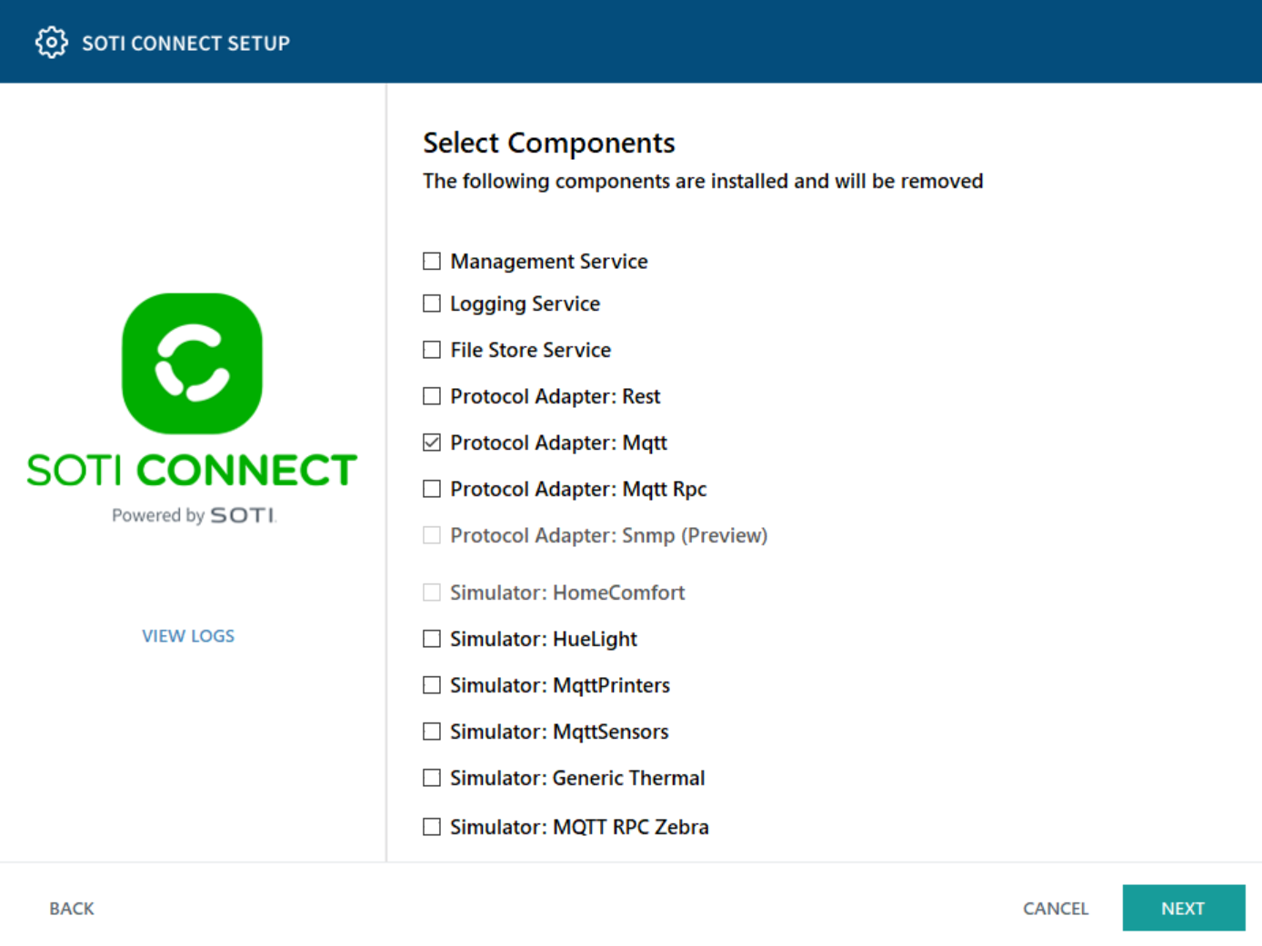 Setup Wizard Components Screen