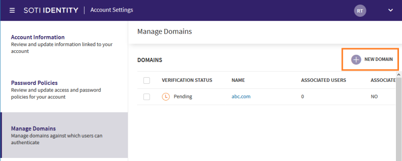 Domains view with the New Domain option highlighted.