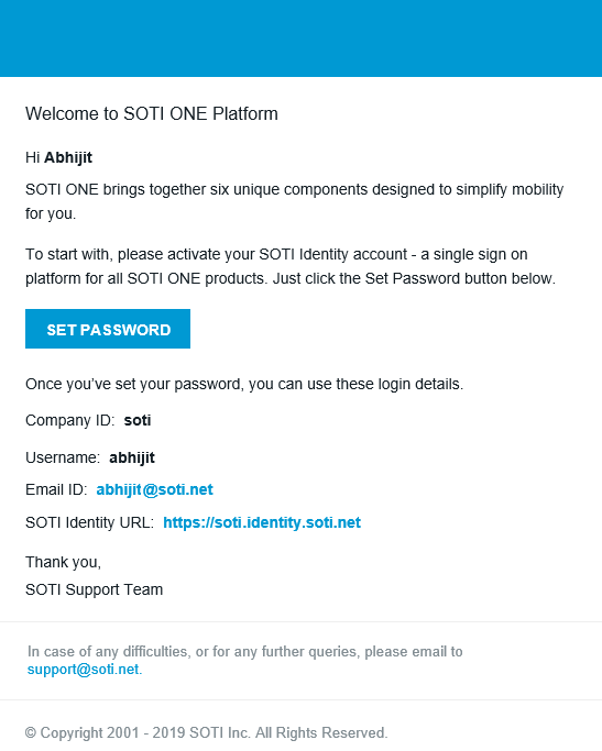 Welcome Email from SOTI Identity Support