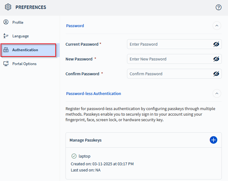 Selecting Authentication in the Preferences menu.