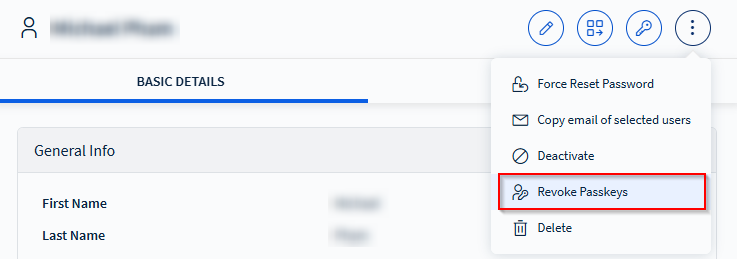 Selecting Revoke Passkeys in the User Details section.