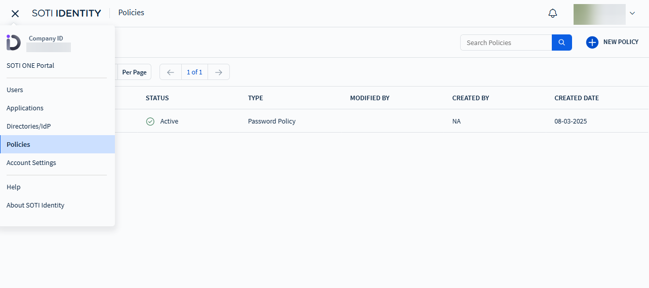 SOTI Identity Admin Console, Policies view.