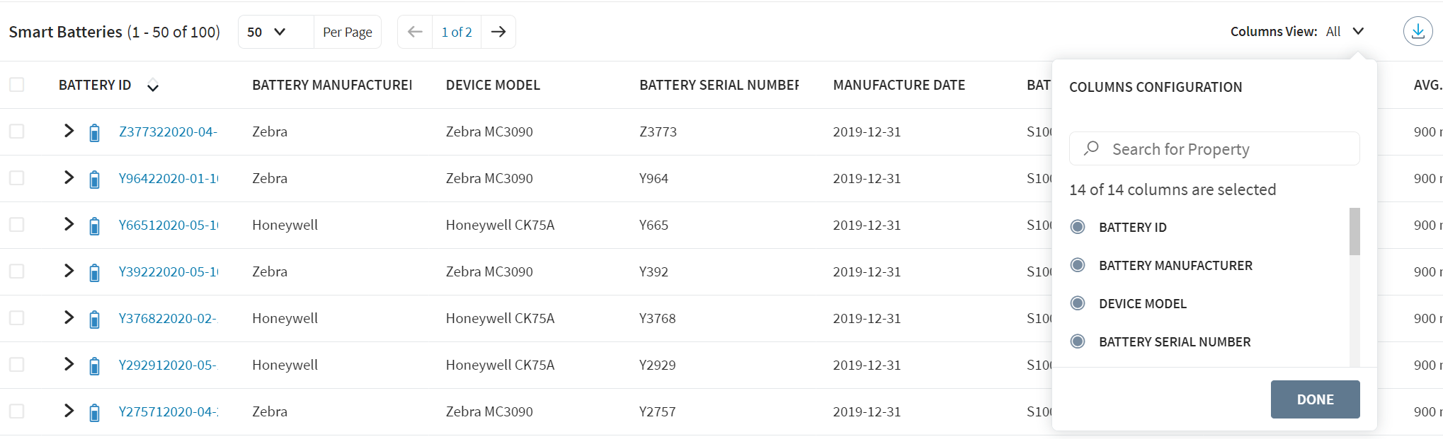 Column selection for the Smart Batteries table