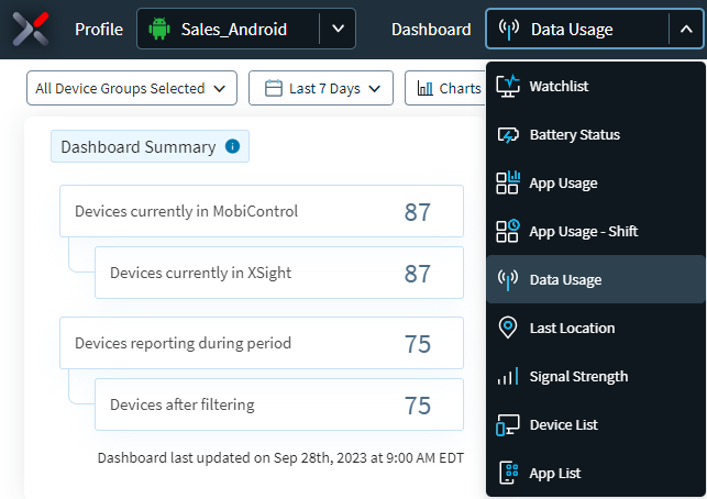 App Usage dashboard selection