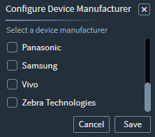 Configure Device Manufacturer panel showing several manufacturer names