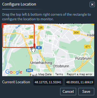 Configure Location panel open with a red rectangle defining the area covered by the view