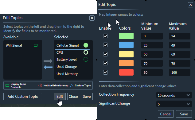 Edit topic panel showing options for color, min and max value and collection frequency.