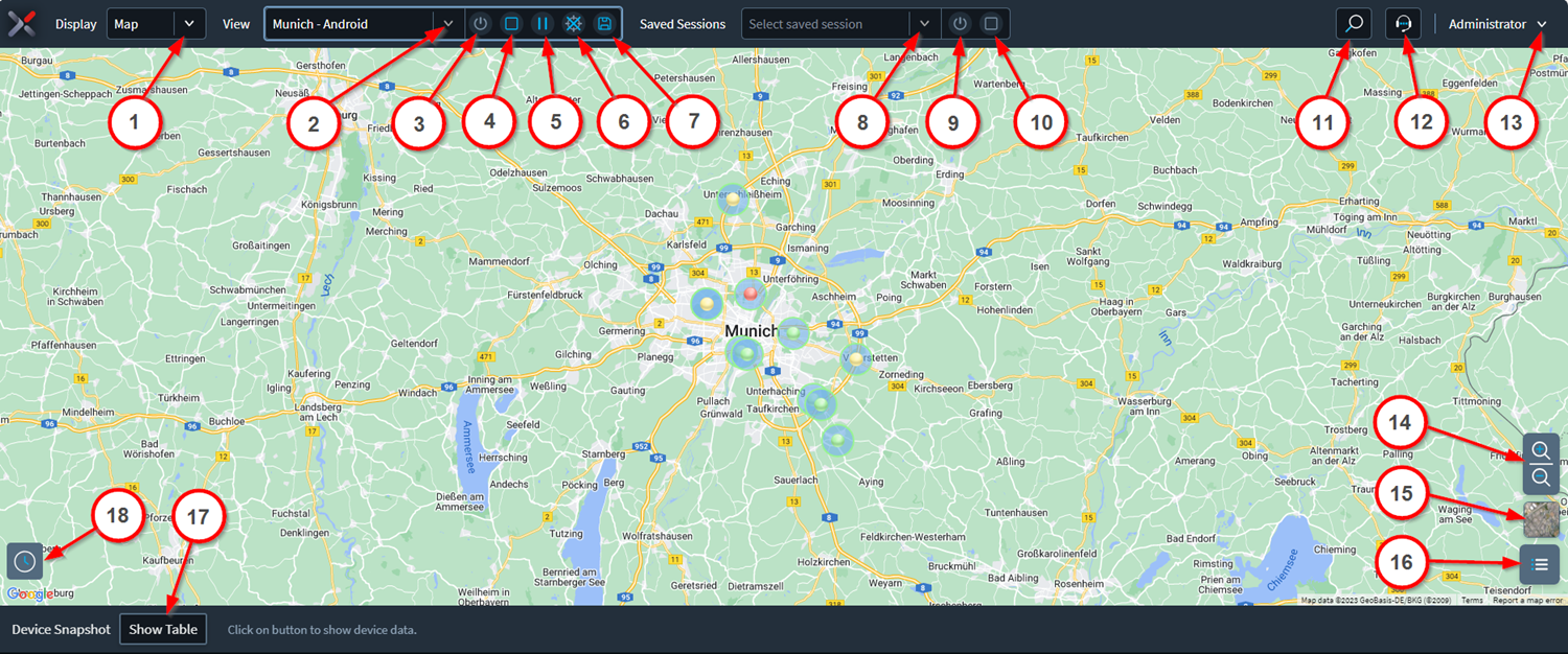 Diagram of the map view with numbered callouts for all the controls