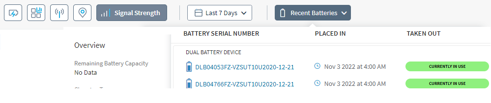 Recent Batteries showing list of multiple batteries