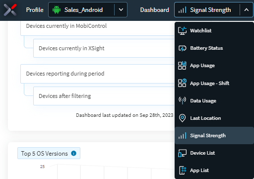 Signal Strength dashboard selection