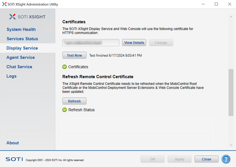 Admin Utility Display Service Certificates
