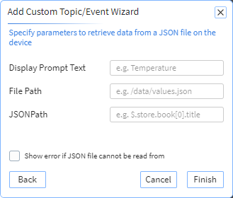 Custom Topic Wizard JSON file integration screen