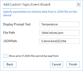 Custom Topic Wizard JSON file integration screen