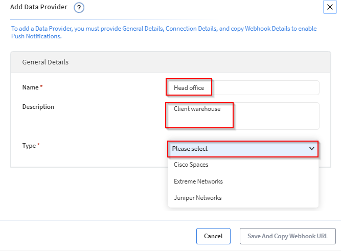Enter the data provider Name and Description and select a Type