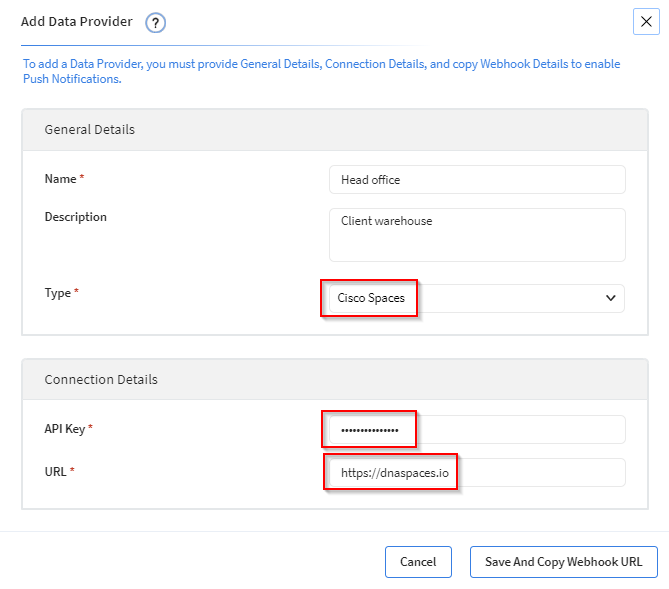 Enter the Cisco Spaces API Key and URL