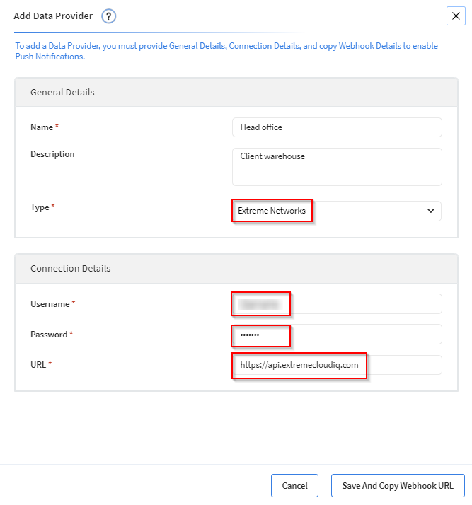 Enter the configuration details for an Extreme Networks Wi-Fi network provider.