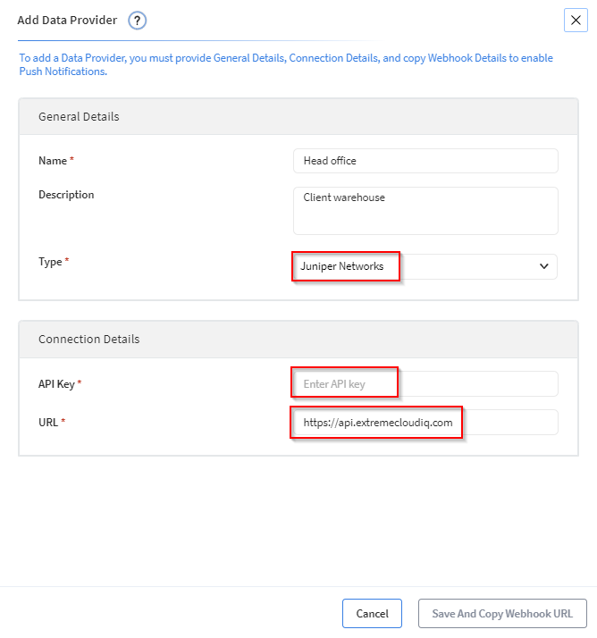 Enter the configuration details for an Juniper Networks Wi-Fi network provider.