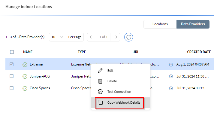 Select 'Copy Webhook Details' for the data provider