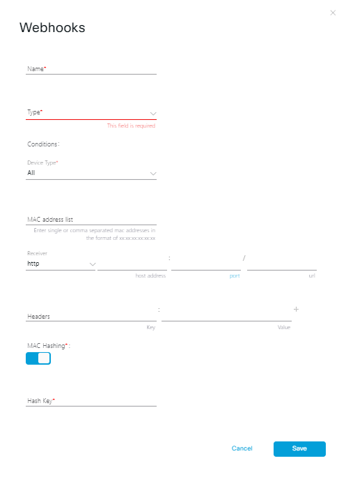 Enter the webhooks details for Cisco Spaces