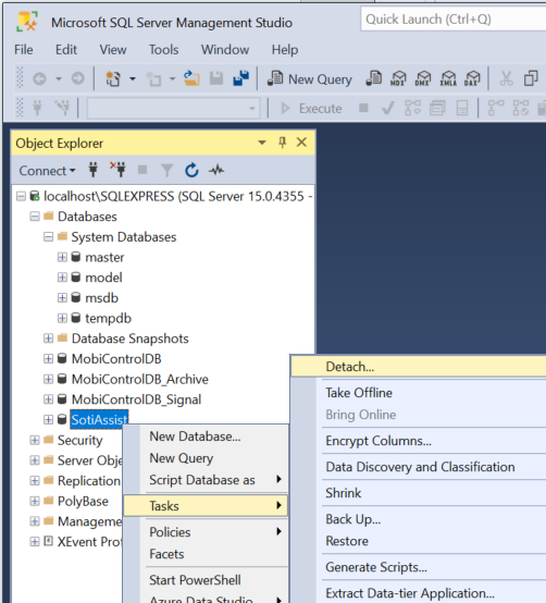 Detaching an existing SotiAssist database