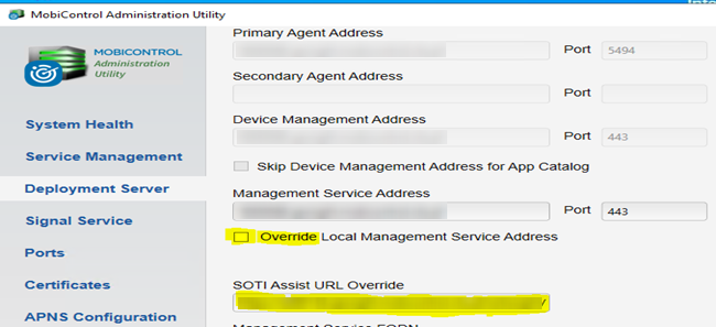 Override details for Second XMS at SOTI MobiControl Administration Utility