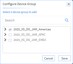 Configure Device Group panel open and a list of groups visible