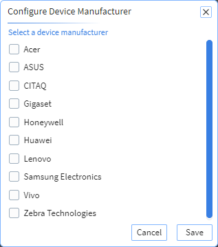 Configure Device Manufacturer panel showing several manufacturer names