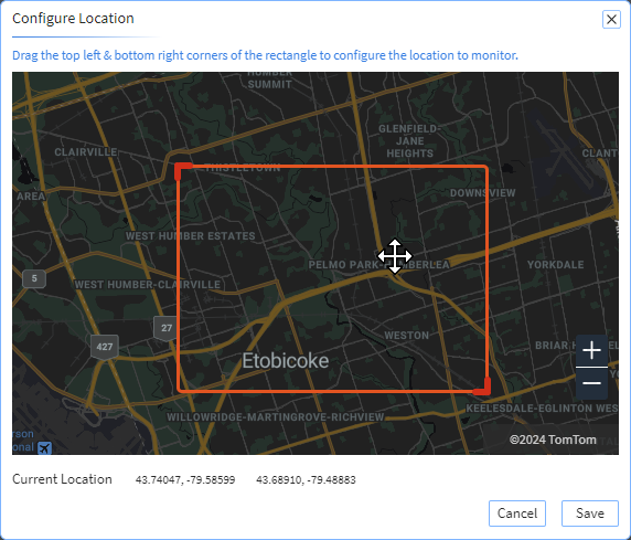 Configure Location panel open with a red rectangle defining the area covered by the view