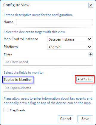 Selecting the Add Topics button in the Topics to Monitor section