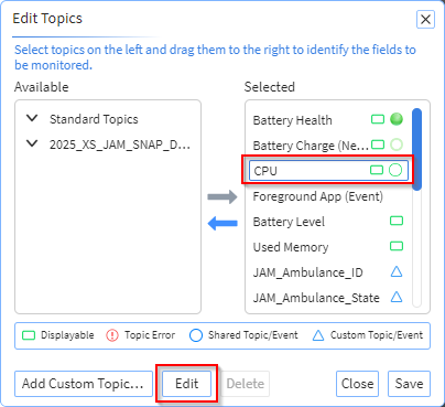 Edit topic panel showing options for color, min and max value and collection frequency.
