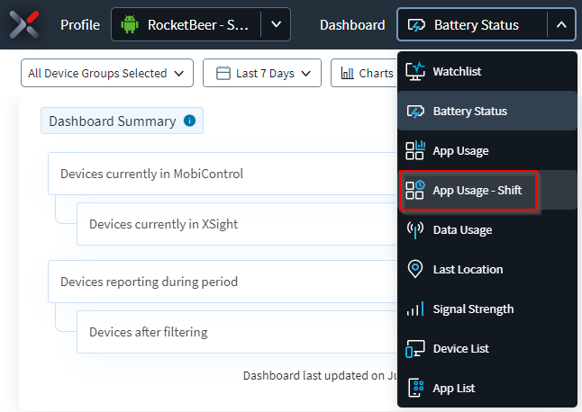 Select App Usage - Shift from the dashboard dropdown