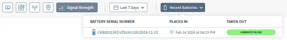 Recent Batteries dropdown menu showing a list of the batteries recently used in the device