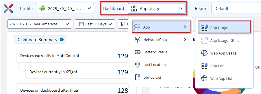 Select the App Usage-Shift dashboard