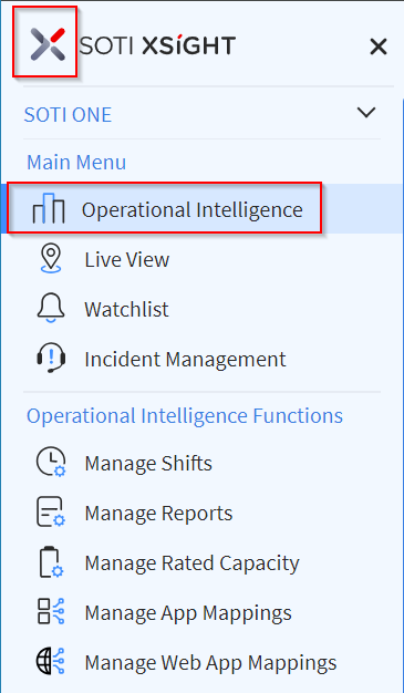 Operational Intelligence dashboard menu