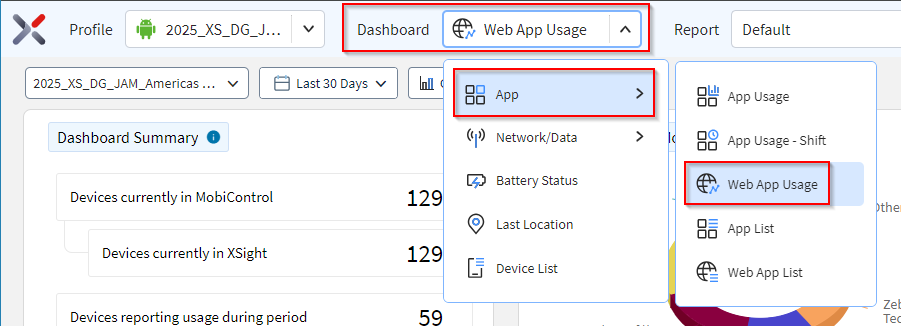 Select the Web App Usage dashboard