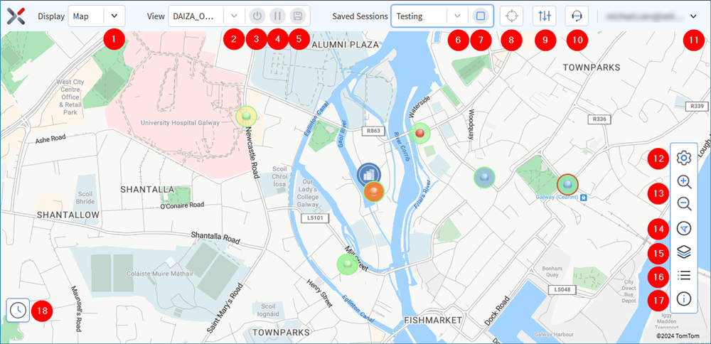 Diagram of the map view with numbered callouts for all the controls