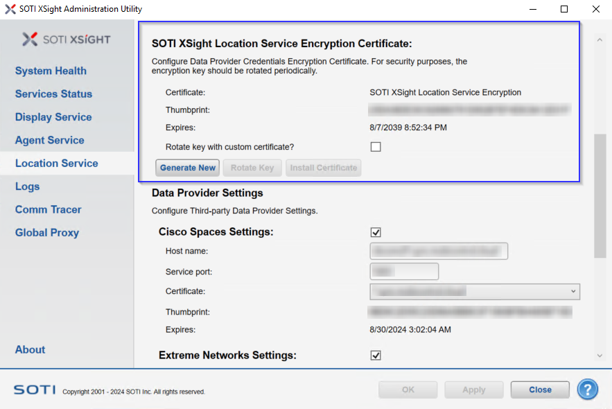 Edit Location Service encryption certificate