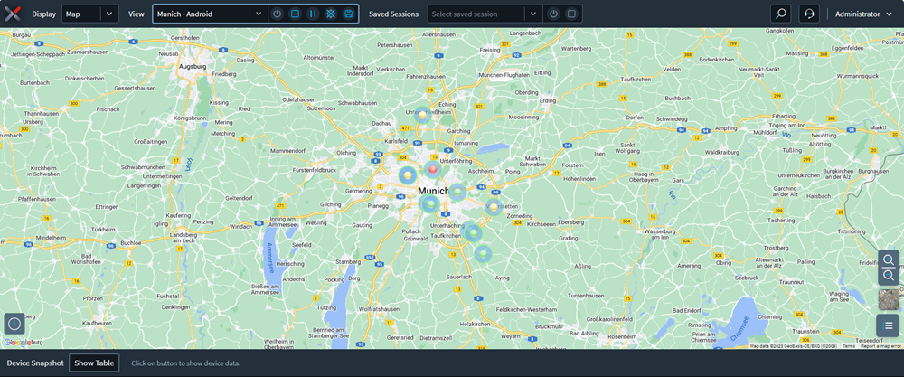 Live View screen showing several devices on a map