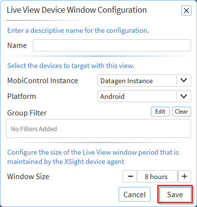 Set the live view device window configuration parameters