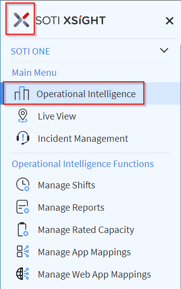 Operational Intelligence dashboard menu