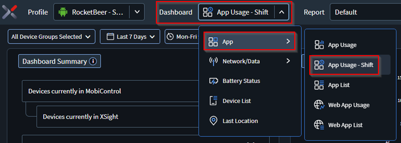 Select App Usage - Shift from the dashboard dropdown