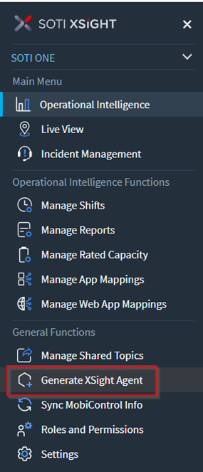 Main menu generate SOTI XSight agent