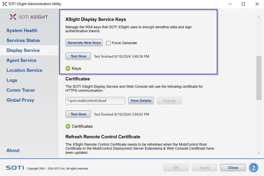 Admin Utility Display Service Keys