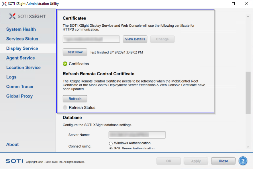 Admin Utility Display Service Certificates