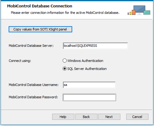 Setup wizard MobiControl database connection