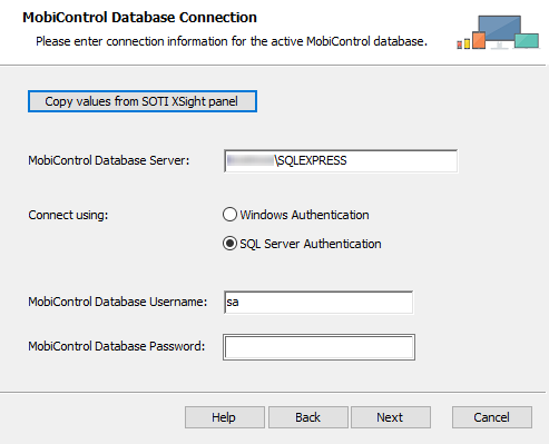 Setup wizard MobiControl Database Connection